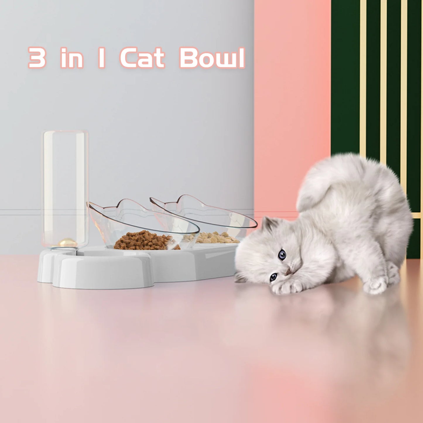Raised Three Cat Dishes Food and Water Bowl with Automatic Water Bottle for Cats
