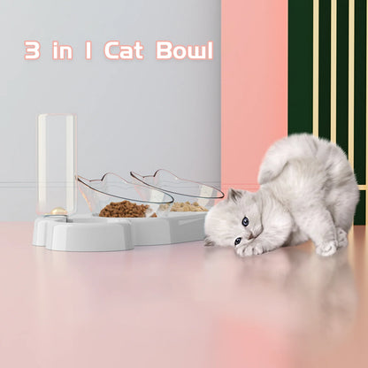 Raised Three Cat Dishes Food and Water Bowl with Automatic Water Bottle for Cats