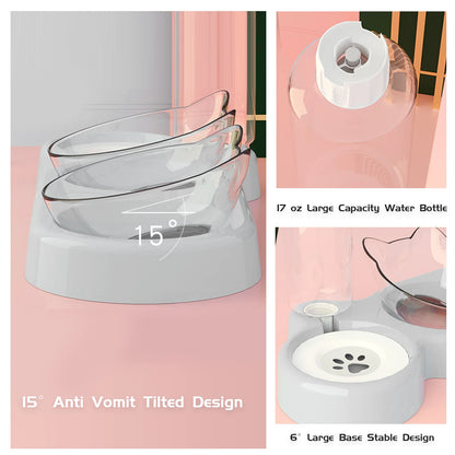 Raised Three Cat Dishes Food and Water Bowl with Automatic Water Bottle for Cats