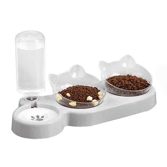 Raised Three Cat Dishes Food and Water Bowl with Automatic Water Bottle for Cats