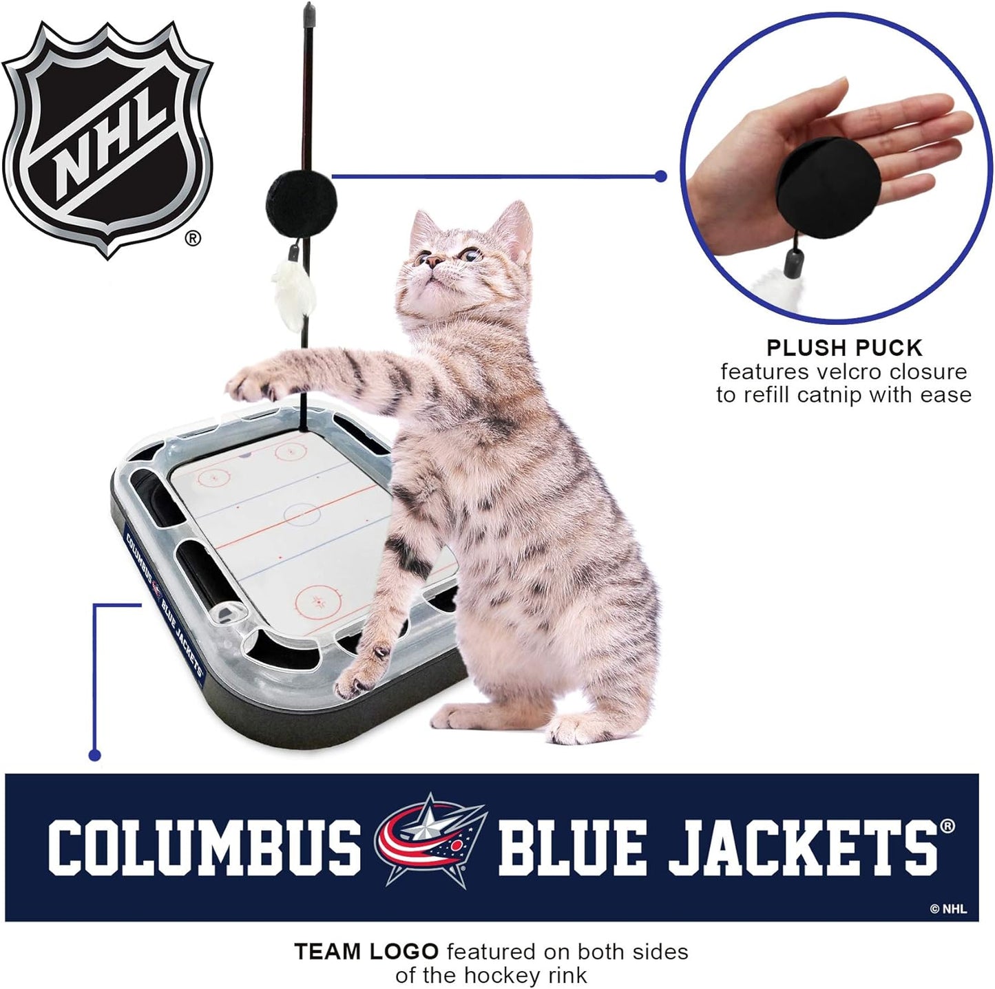 NHL Columbus Blue Jackets Hockey Field Cat Scratching Toy with Interactive Ball Bell in Tracks - 5-In-1 Scratcher
