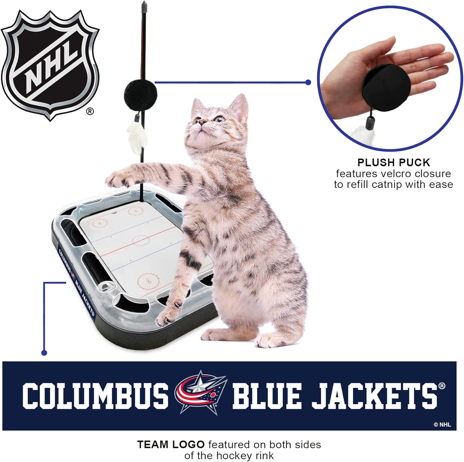 NHL Columbus Blue Jackets Hockey Field Cat Scratching Toy with Interactive Ball Bell in Tracks - 5-In-1 Scratcher
