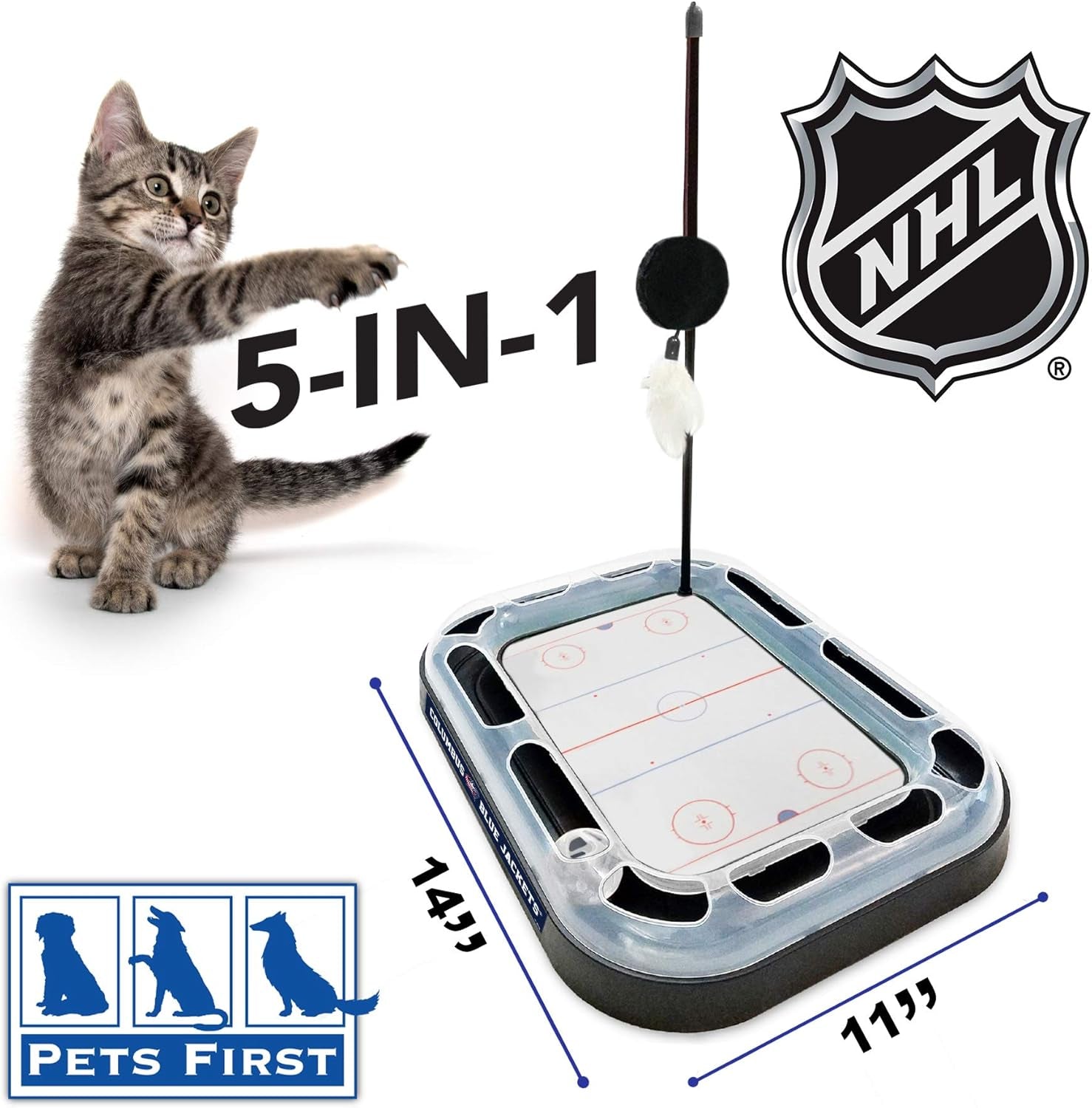 NHL Columbus Blue Jackets Hockey Field Cat Scratching Toy with Interactive Ball Bell in Tracks - 5-In-1 Scratcher