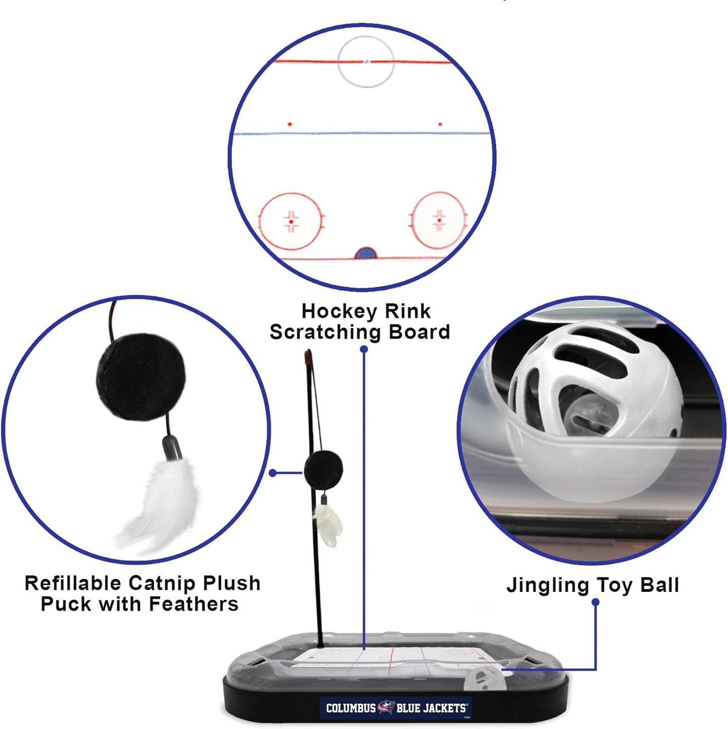 NHL Columbus Blue Jackets Hockey Field Cat Scratching Toy with Interactive Ball Bell in Tracks - 5-In-1 Scratcher