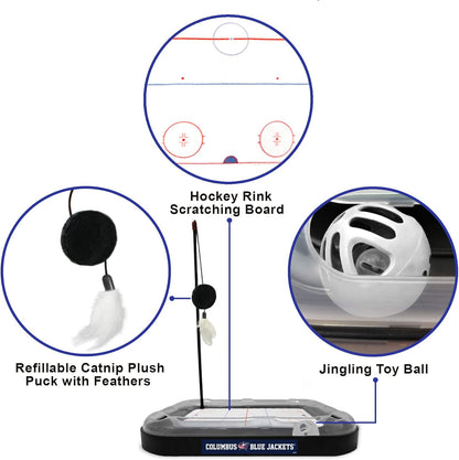 NHL Columbus Blue Jackets Hockey Field Cat Scratching Toy with Interactive Ball Bell in Tracks - 5-In-1 Scratcher