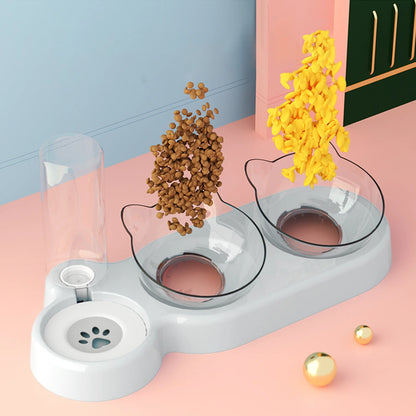 Raised Three Cat Dishes Food and Water Bowl with Automatic Water Bottle for Cats
