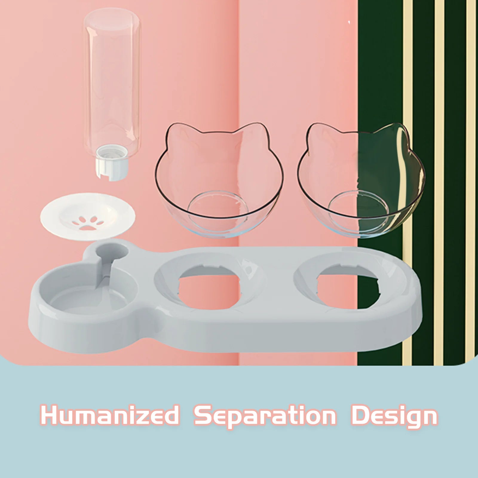 Raised Three Cat Dishes Food and Water Bowl with Automatic Water Bottle for Cats