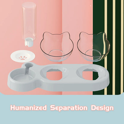 Raised Three Cat Dishes Food and Water Bowl with Automatic Water Bottle for Cats