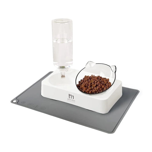 Tilted Raised Cat Food Bowl and Gravity Water Bottle with Feeding Mat