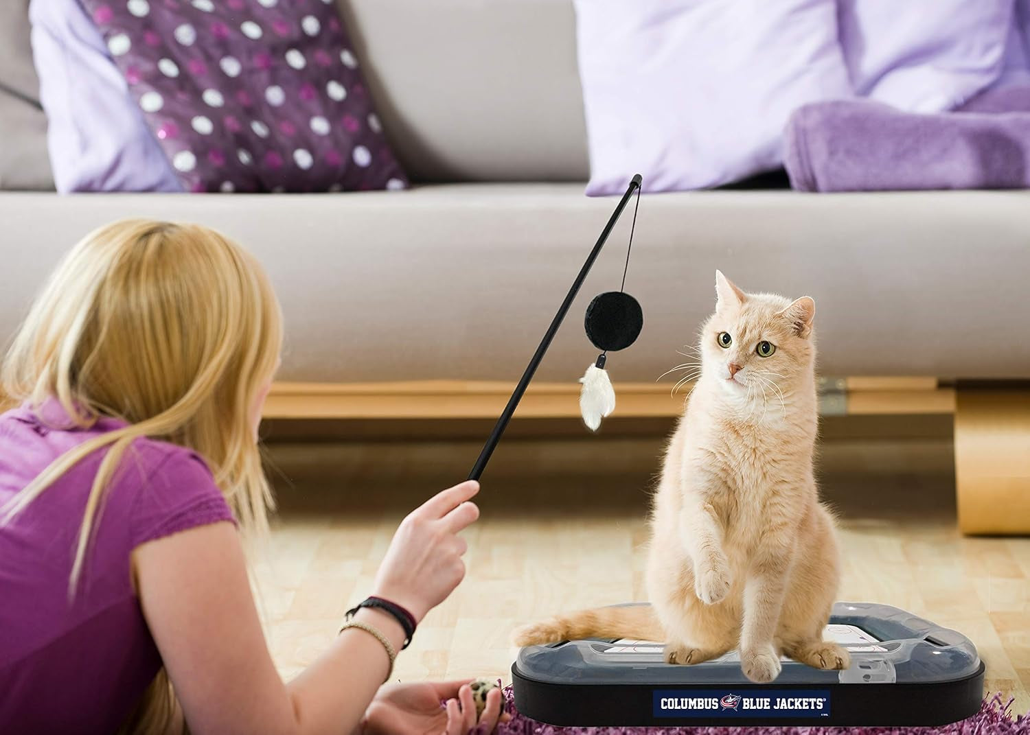 NHL Columbus Blue Jackets Hockey Field Cat Scratching Toy with Interactive Ball Bell in Tracks - 5-In-1 Scratcher